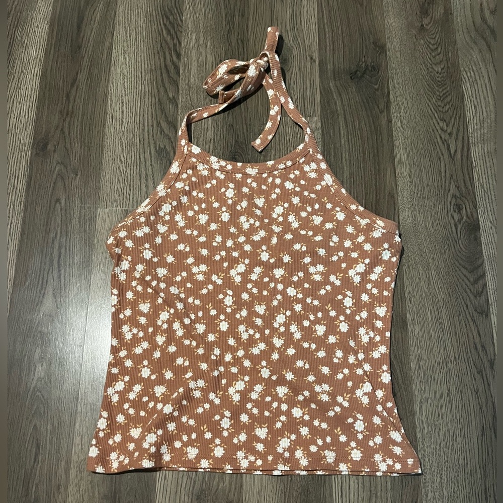 Pale pink floral print halter top